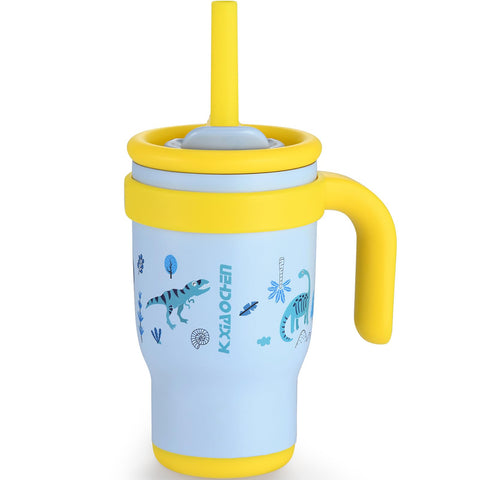 Vaso termico KXIAOCHEN para ninos, 14 oz con asa azul y dinosaurio; mantiene bebidas frescas.