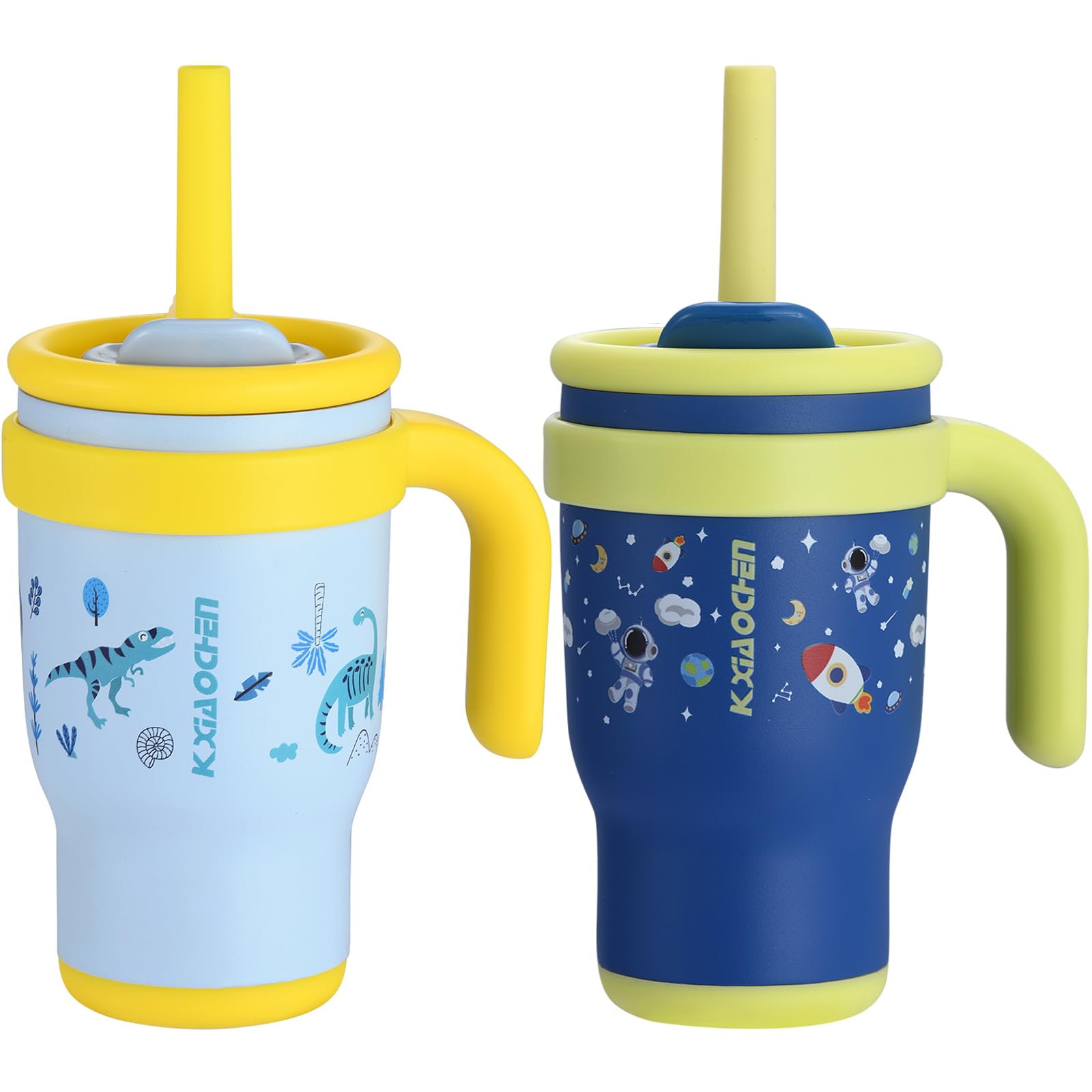 KXIAOCHEN: vaso para niños con dinosaurio y espacio, tapa dos en uno para evitar derrames