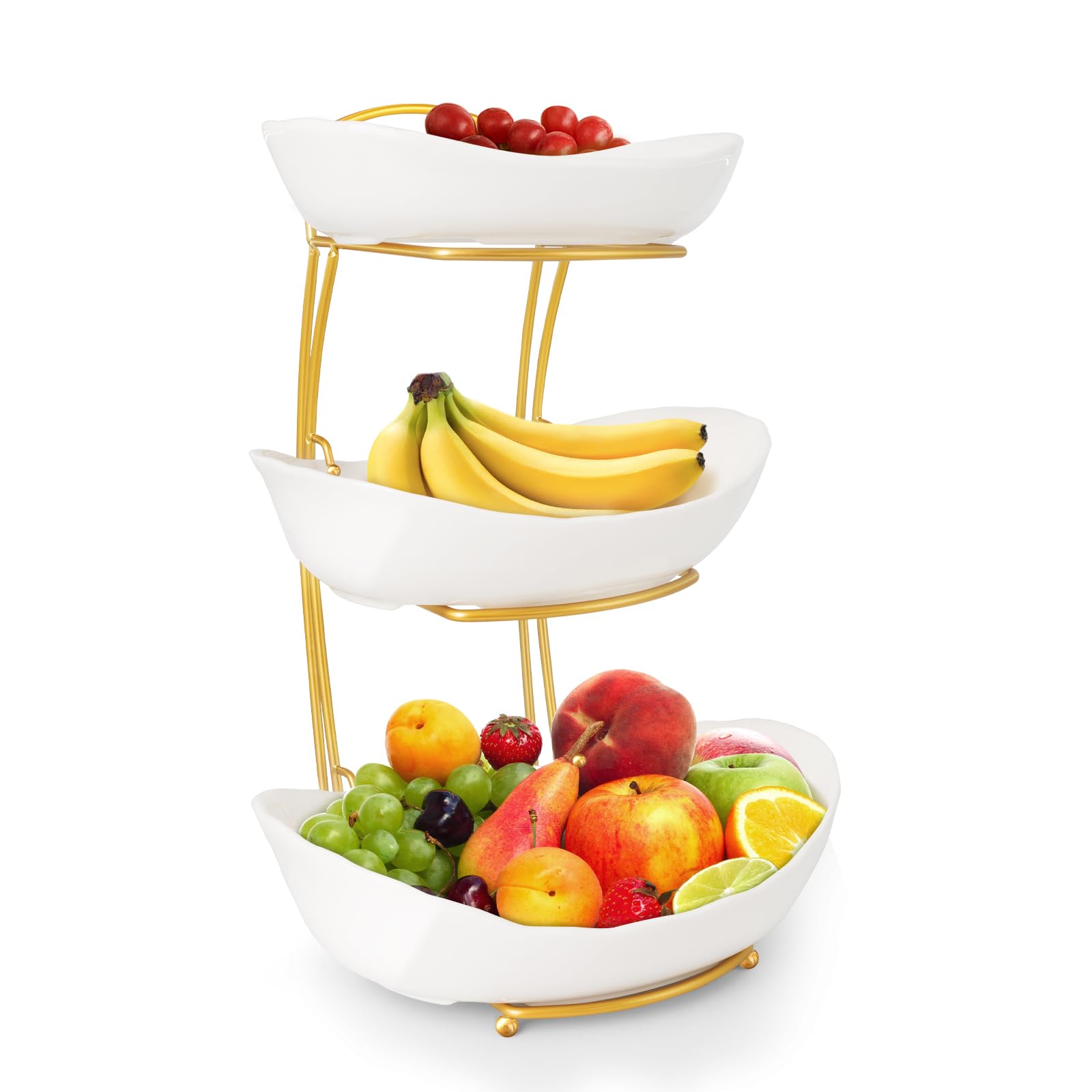 KXSGKRR bandeja de frutas tres niveles en blanco, exhibición elegante para la encimera