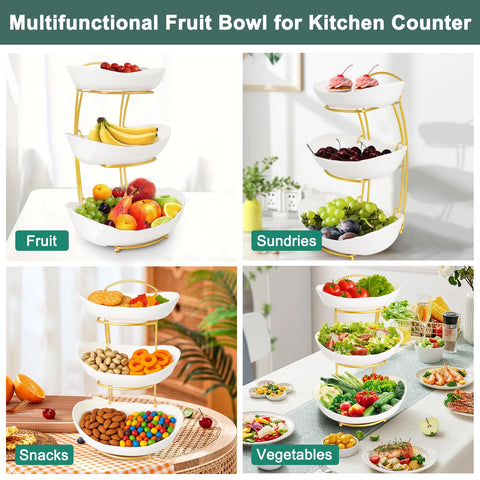 Bandeja de frutas de tres niveles optimiza espacio en mostrador
