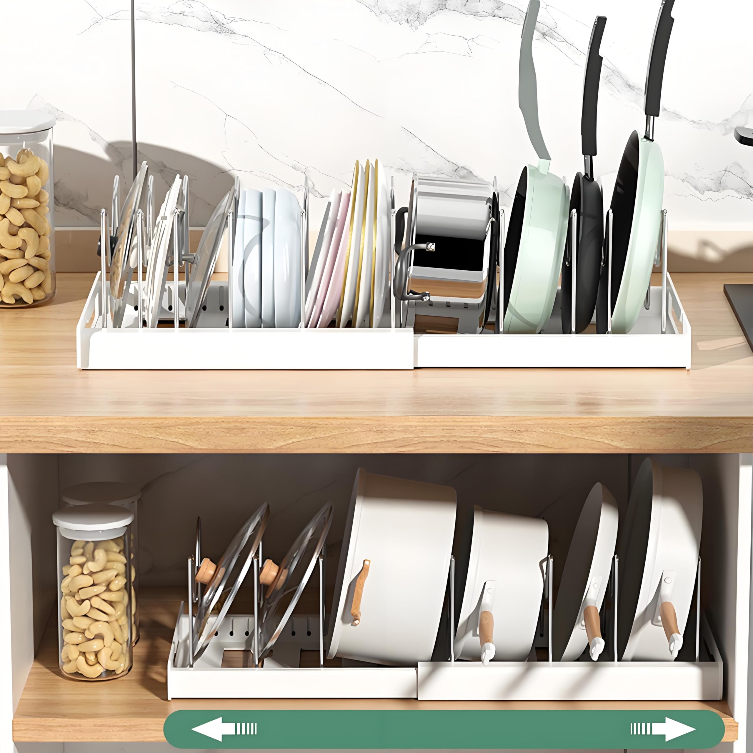 Organizador KXSGKRR extensible para ollas y sartenes en el armario, optimiza el espacio.