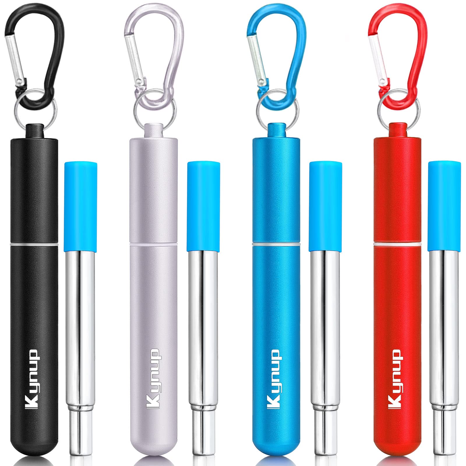 Pajitas metálicas Kynup 4 packs azul, diseño compacto para viajar.