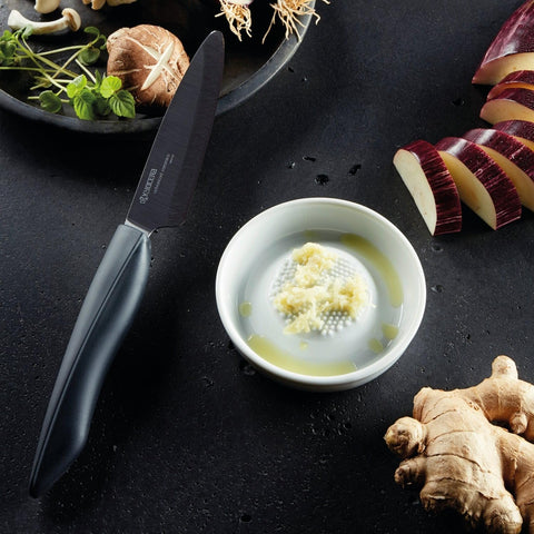 Rallador cerámico Kyocera enfocado en queso, ideal para rallado suave en platos cremosos.