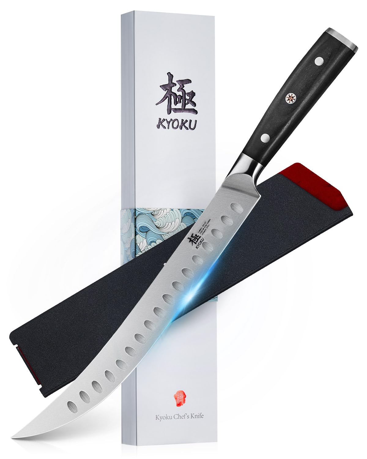 KYOKU 10" cimitarra con hoja afilada, ideal para filetear jamón con precisión.