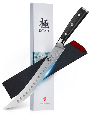 KYOKU 10" cimitarra con hoja afilada, ideal para filetear jamón con precisión.