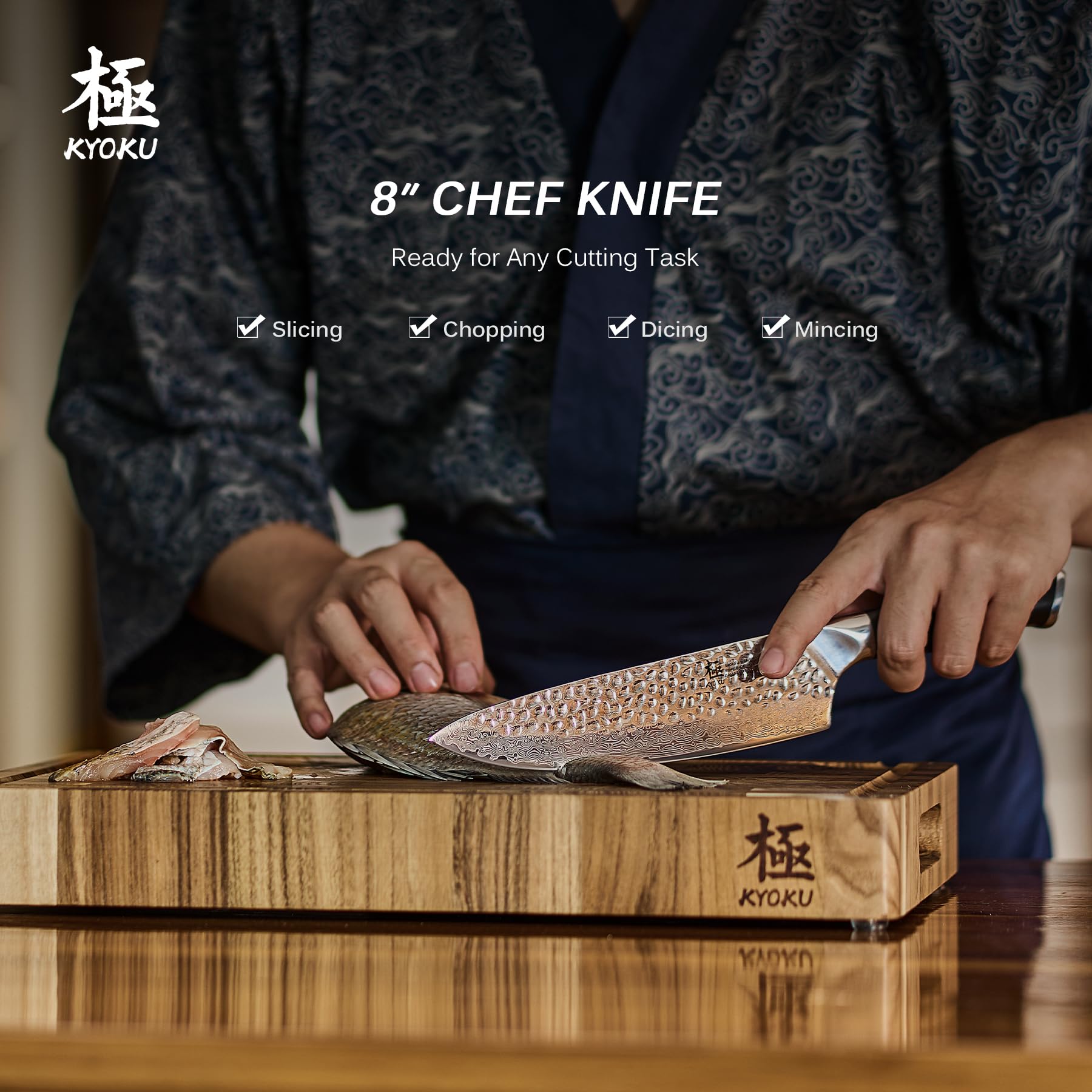 KYOKU Afilado 8 pulgadas con hoja VG10, corte limpio y estable.