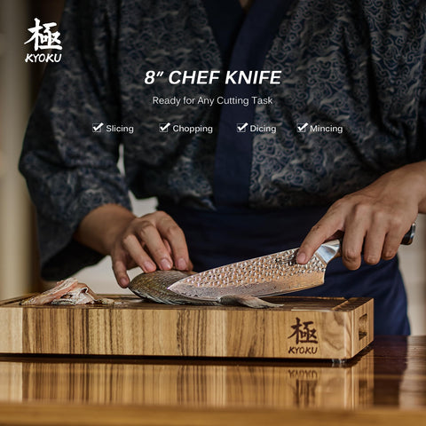 KYOKU Afilado 8 pulgadas con hoja VG10, corte limpio y estable.