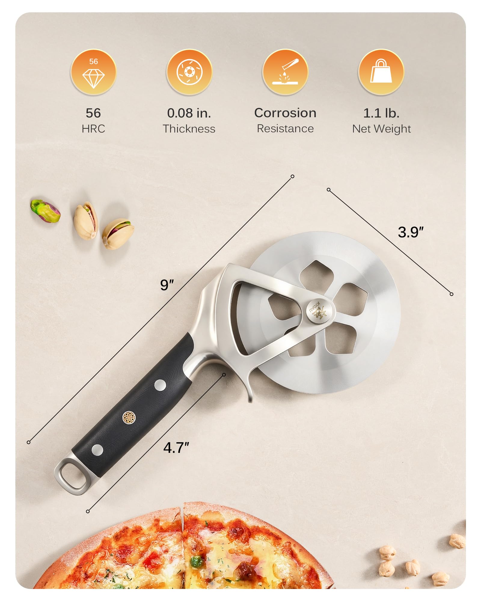 KYOKU cortador de pizza logra cortes uniformes en pizzas, tartas y masas