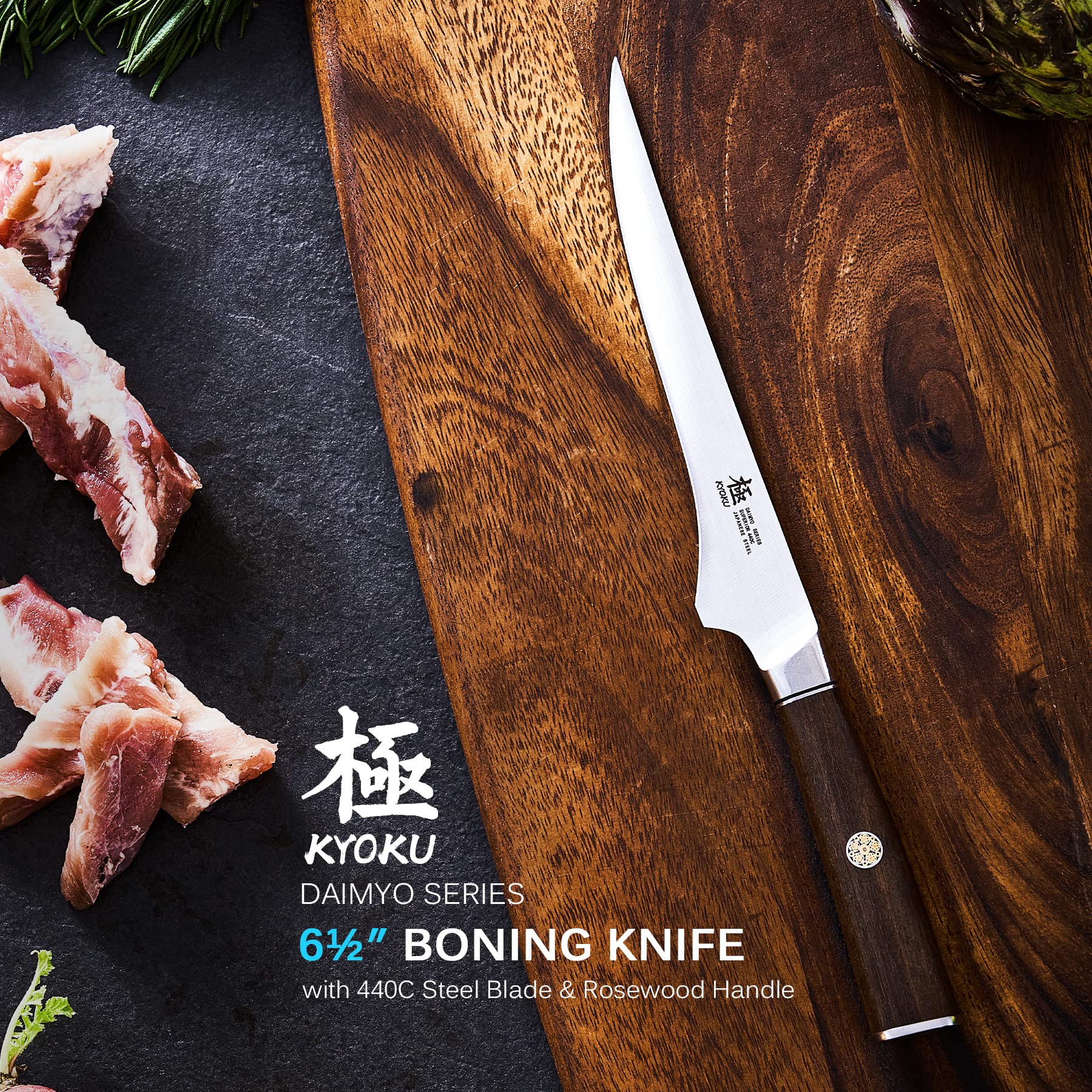 KYOKU Daimyo, mango de roble con pasador mosaico, agarre cómodo y estable.