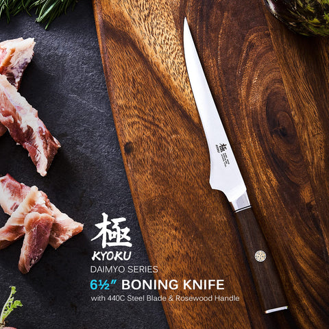 KYOKU Daimyo, mango de roble con pasador mosaico, agarre cómodo y estable.