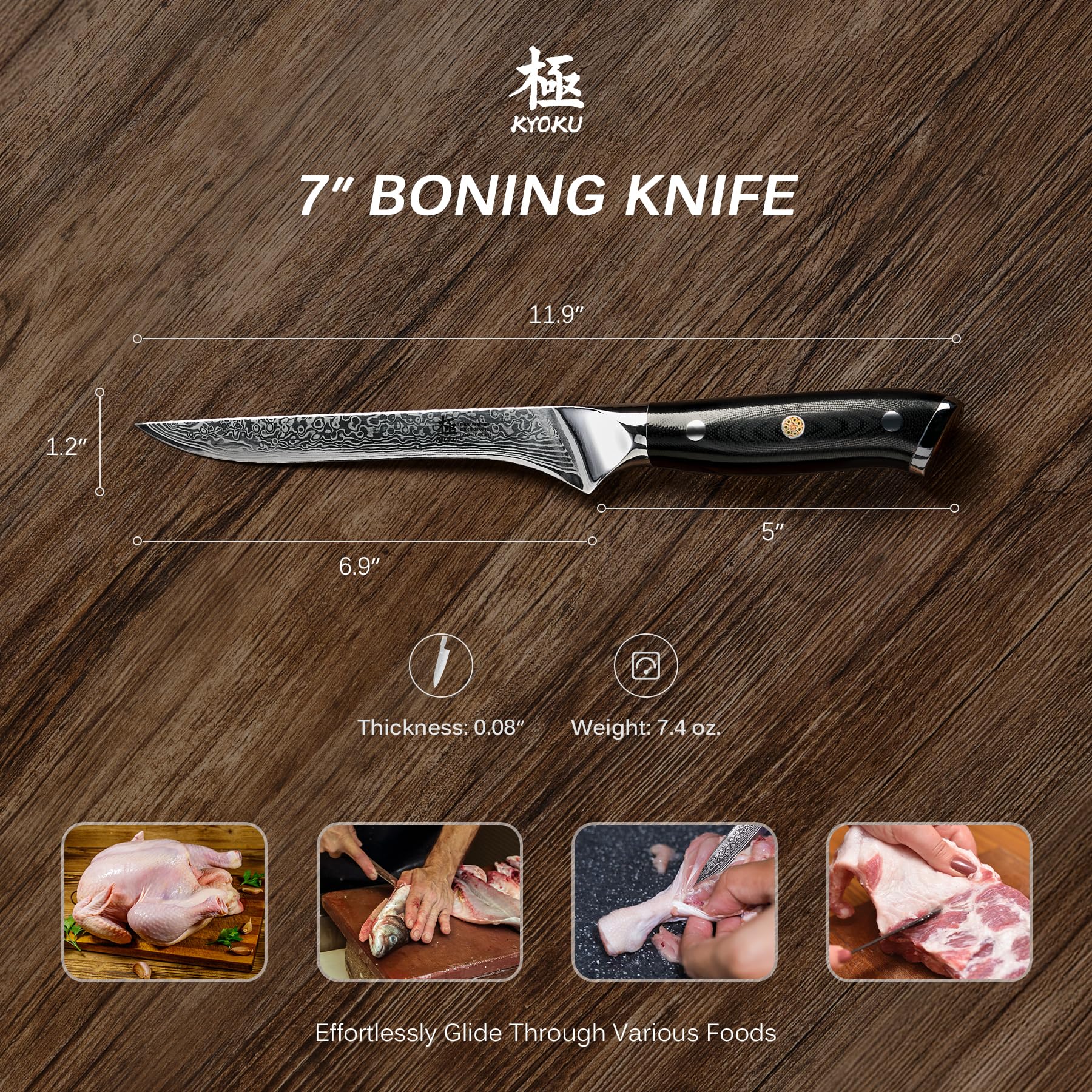 KYOKU cuchillo deshuesar, mango G10 y borde afilado para filado profesional.