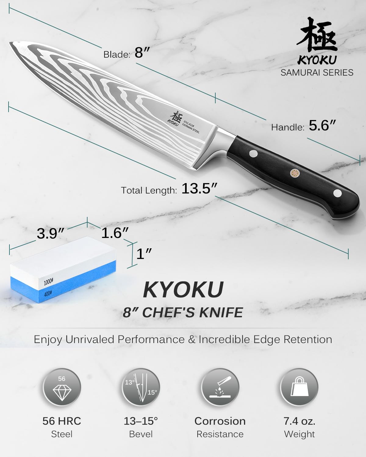 KYOKU cuchillo japonés filo afilado para cortes suaves en carne y verduras.