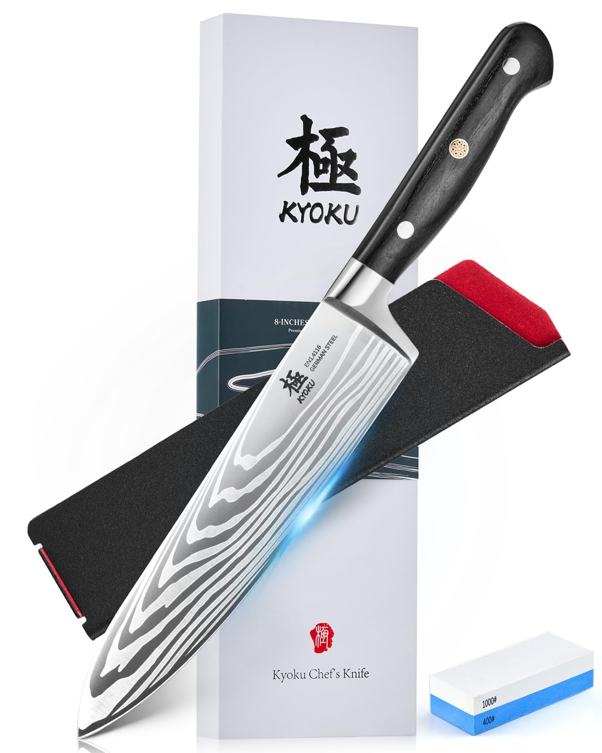 KYOKU cuchillo japonés 8 pulgadas con patrón láser en ola para cortes precisos.