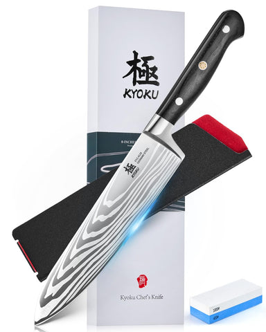 KYOKU cuchillo japonés 8 pulgadas con patrón láser en ola para cortes precisos.