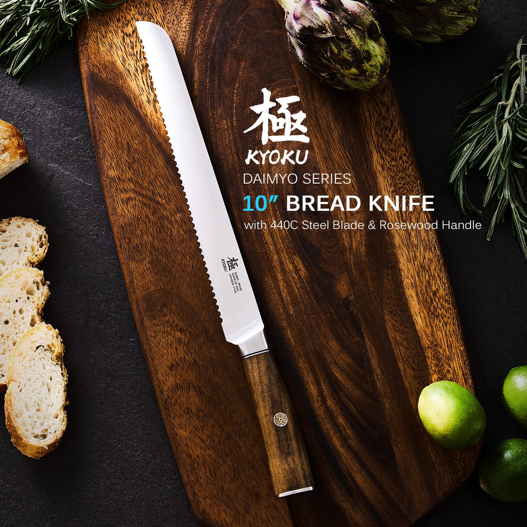 KYOKU Daimyo cuchillo de pan 10 pulgadas con mango rosewood ergonómico