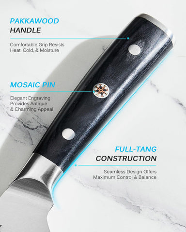 KYOKU cuchillo con espiga completa y mango ergonómico para uso prolongado.