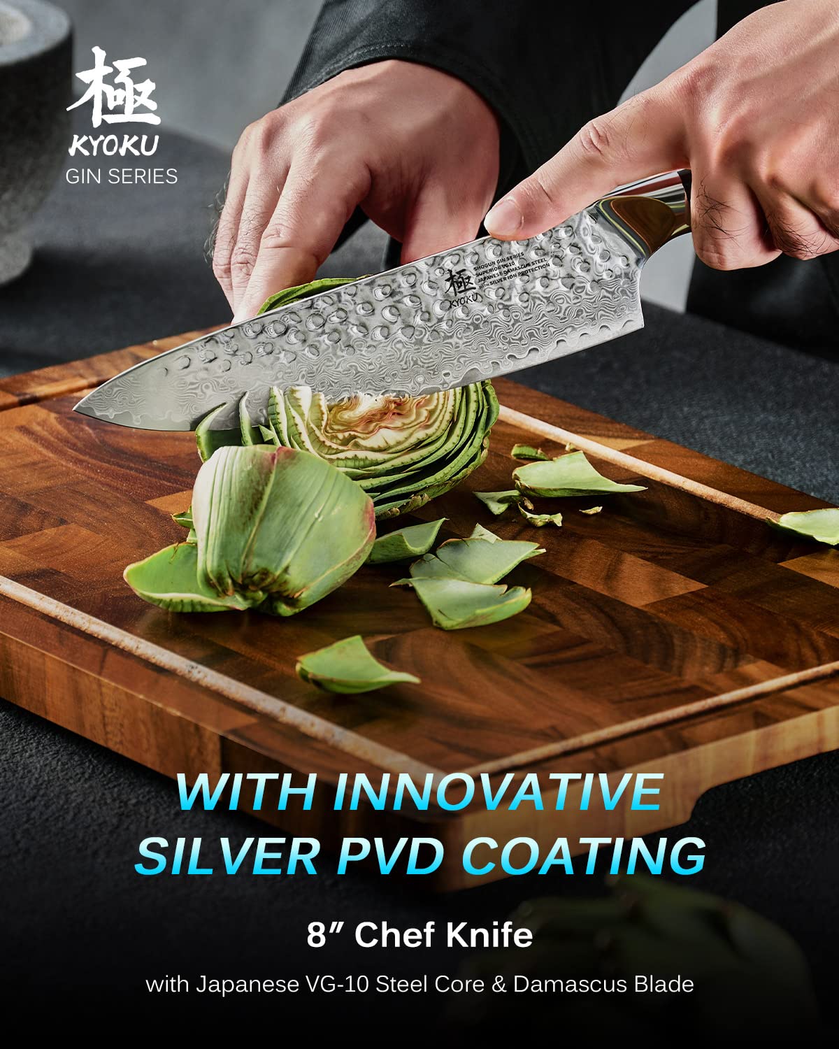 KYOKU Gin Series cuchillo chef recubrimiento de iones de plata protege la hoja