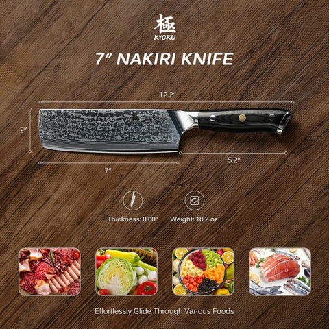 KYOKU Nakiri, hoja damascena con acabado detallado y estética premium.