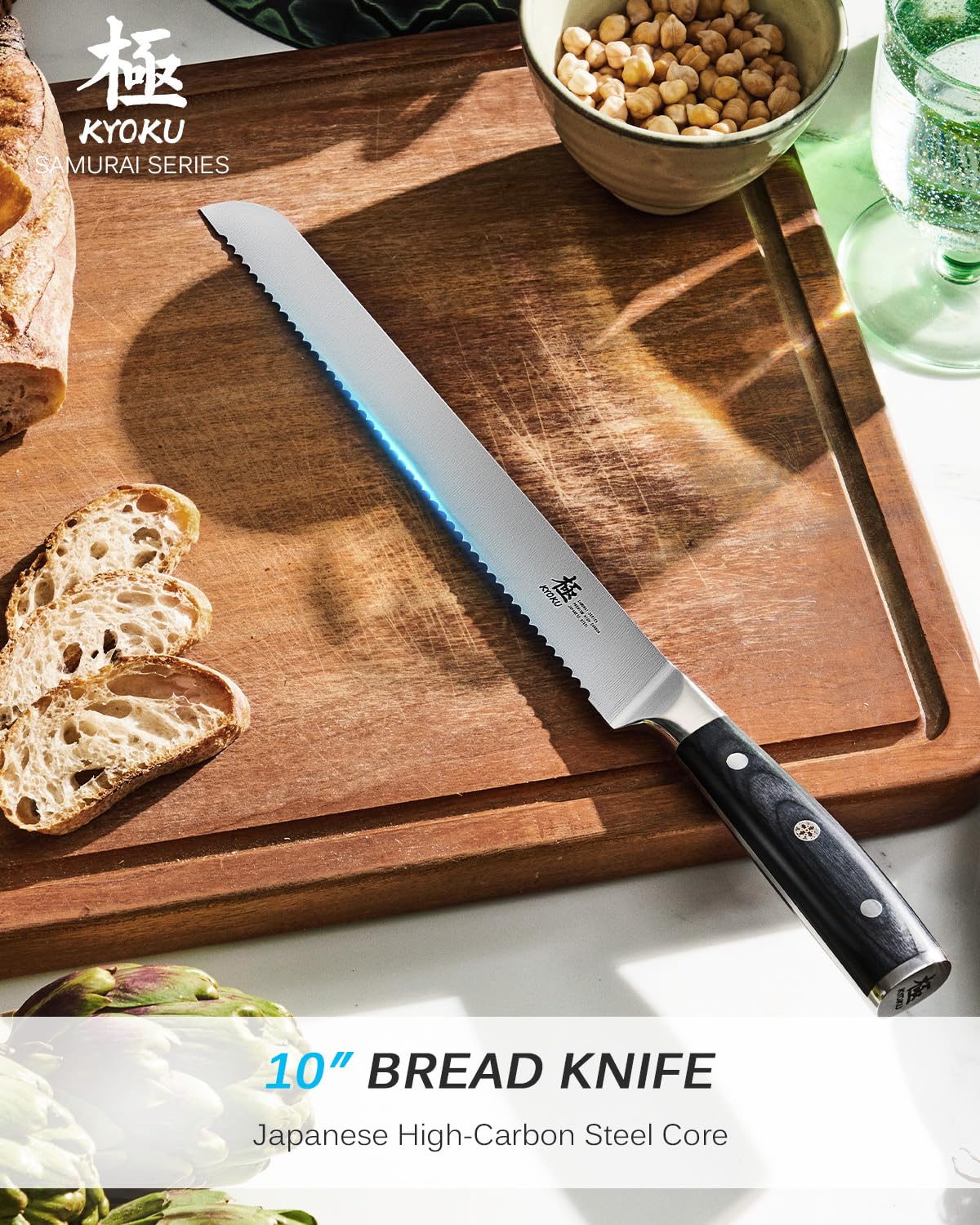 KYOKU Samurai 10 cuchillo pan mango Pakkawood destaca agarre ergonómico