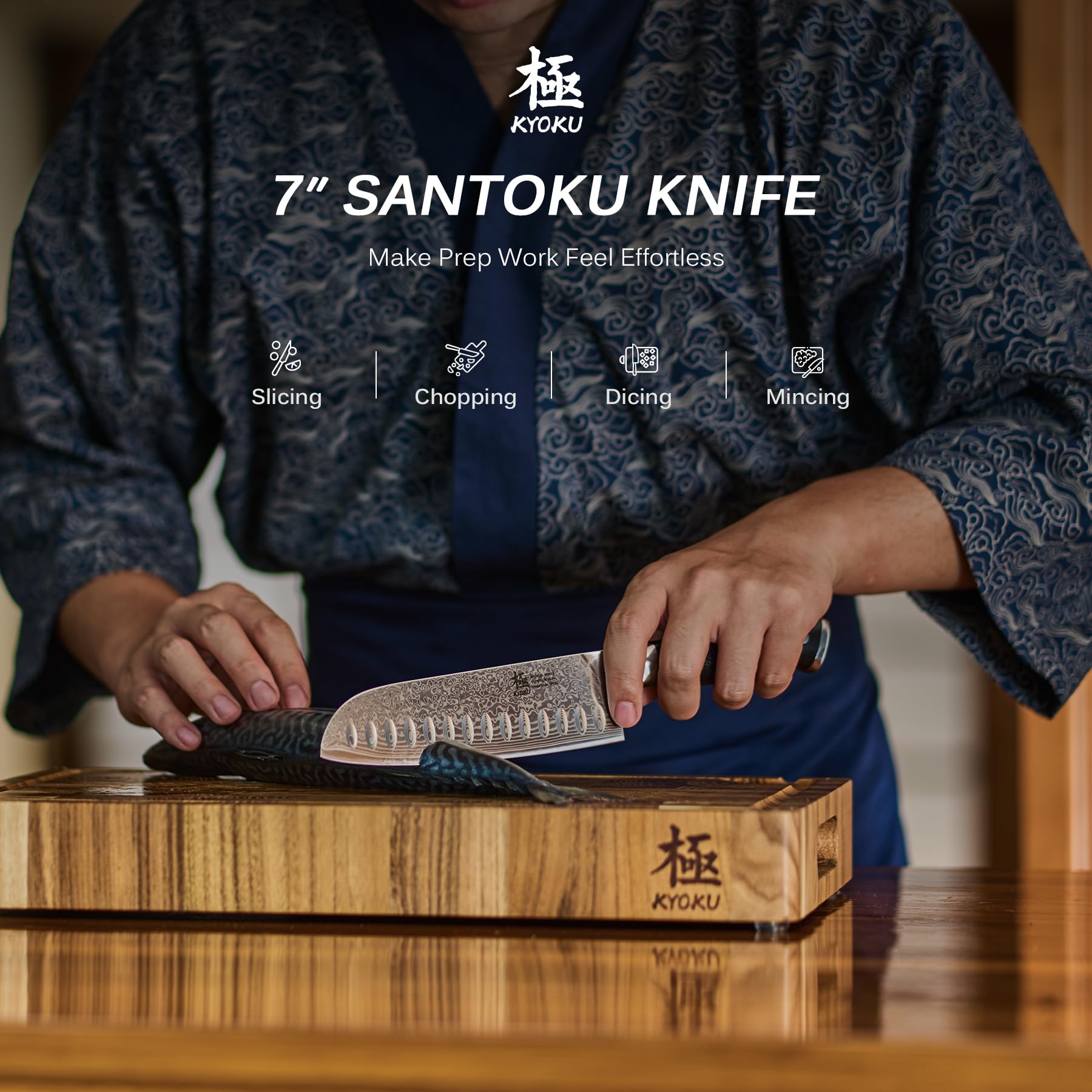 KYOKU Santoku, hoja amplia de 7 pulgadas para mayor control y confort