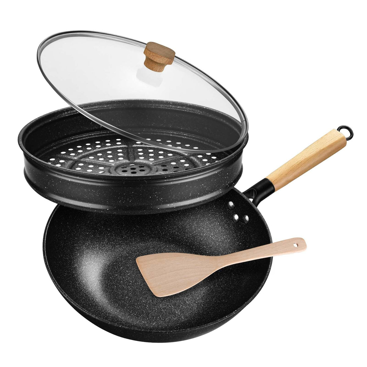 KYTD Wok base plano con tapa para salteados rápidos y uniformes.