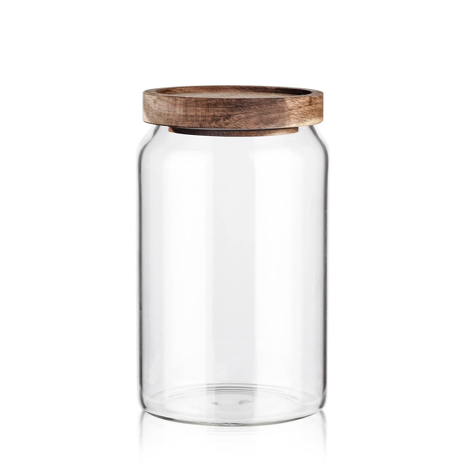 Labina frascos de vidrio con boca ancha y tapa de madera para harina y azúcar.