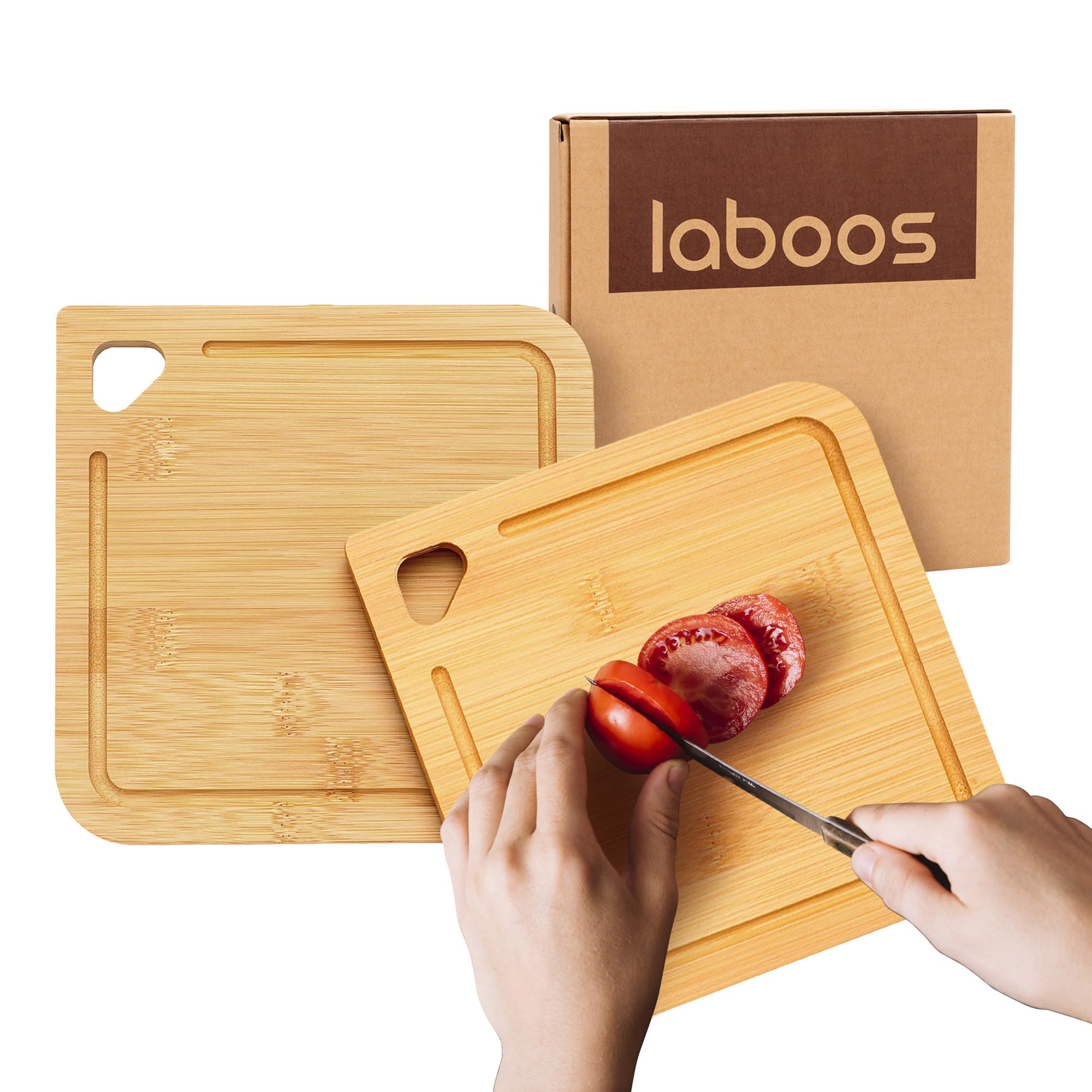 Tablas de bambú laboos 7x7 con canal para jugo, ideales para jugos y líquidos.