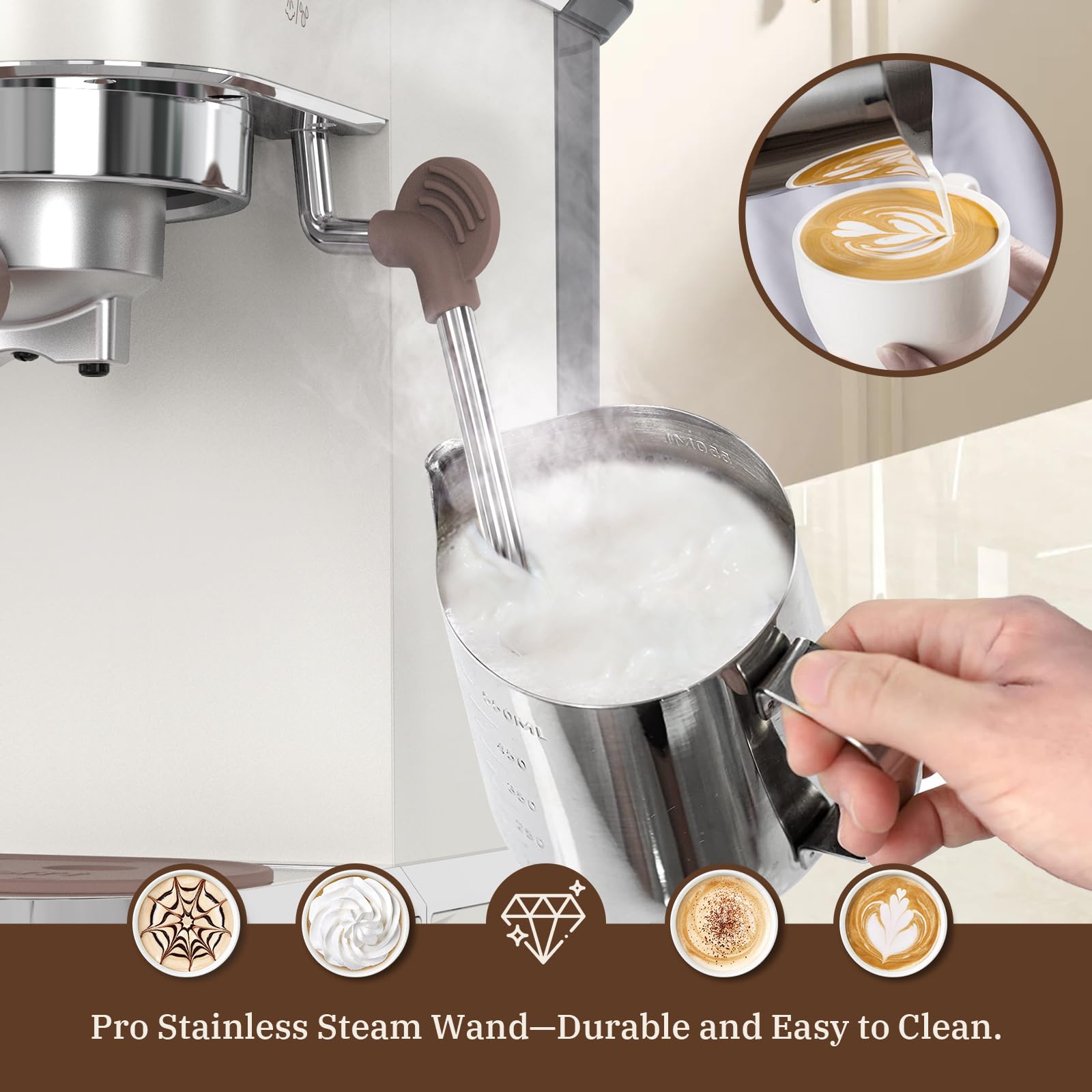 Laekerrt cafetera espresso acabado en acero y blanco perlado para estilo moderno