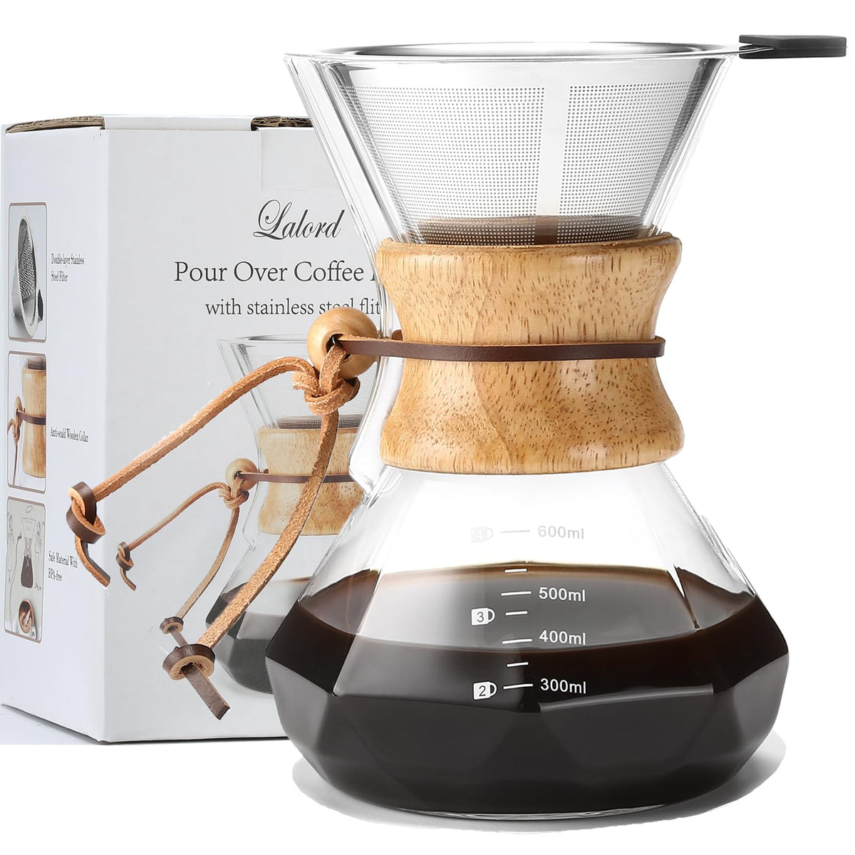 Lalord cafetera de vertido en vidrio borosilicato para 3-4 tazas