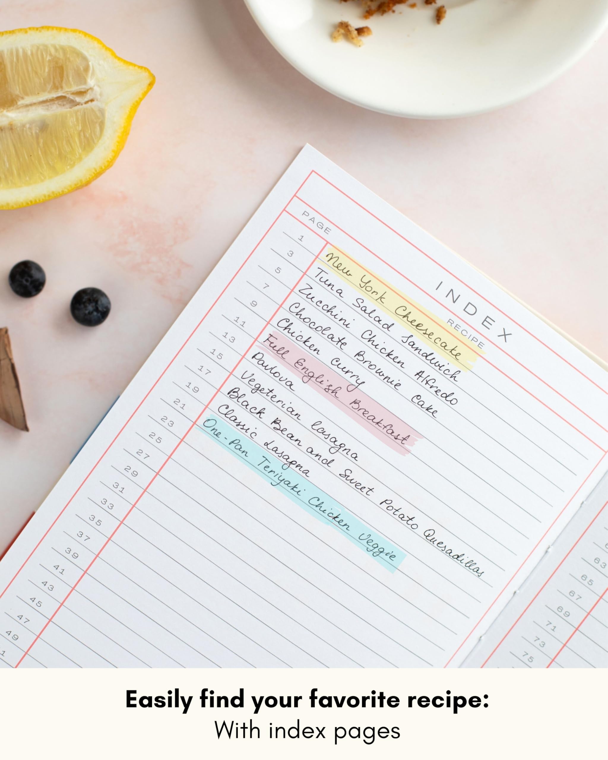 Lamare libro de recetas en blanco, páginas en blanco para anotar ingredientes y pasos.
