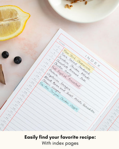 Lamare libro de recetas en blanco, páginas en blanco para anotar ingredientes y pasos.