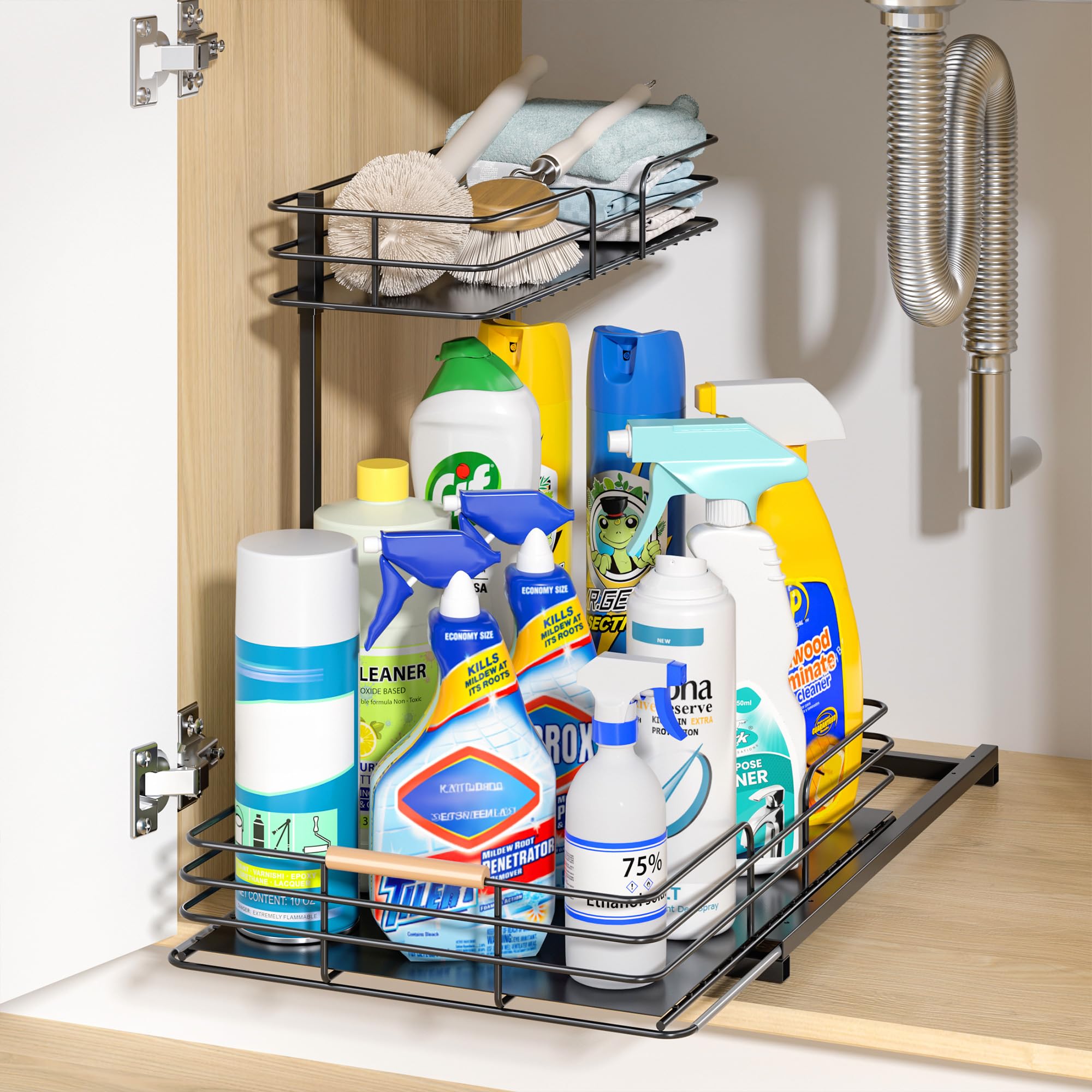 LAMU organizador bajo lavabo con deslizamiento suave para acceso rápido.