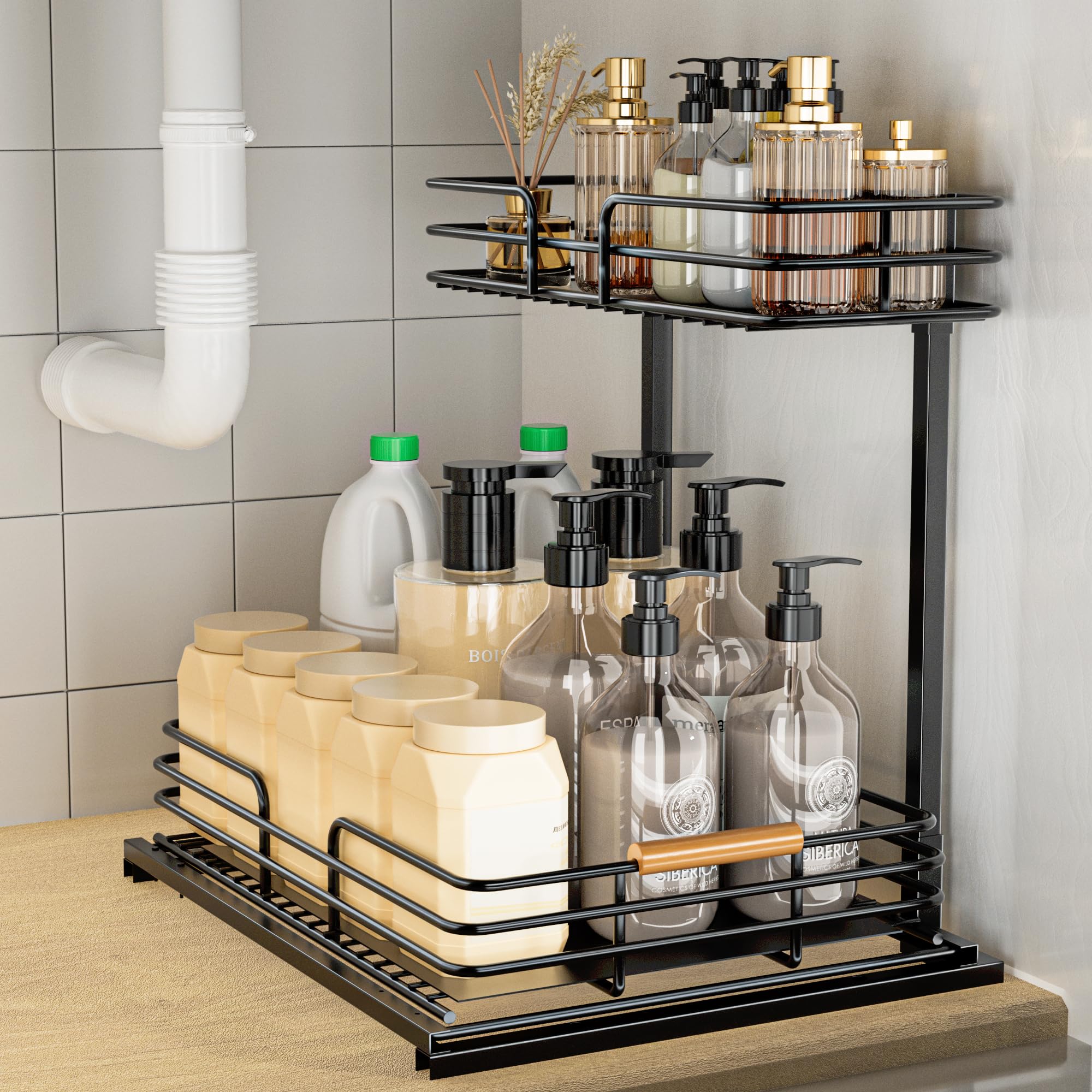 LAMU organizador bajo lavabo, dos niveles, optimiza el espacio del fregadero.