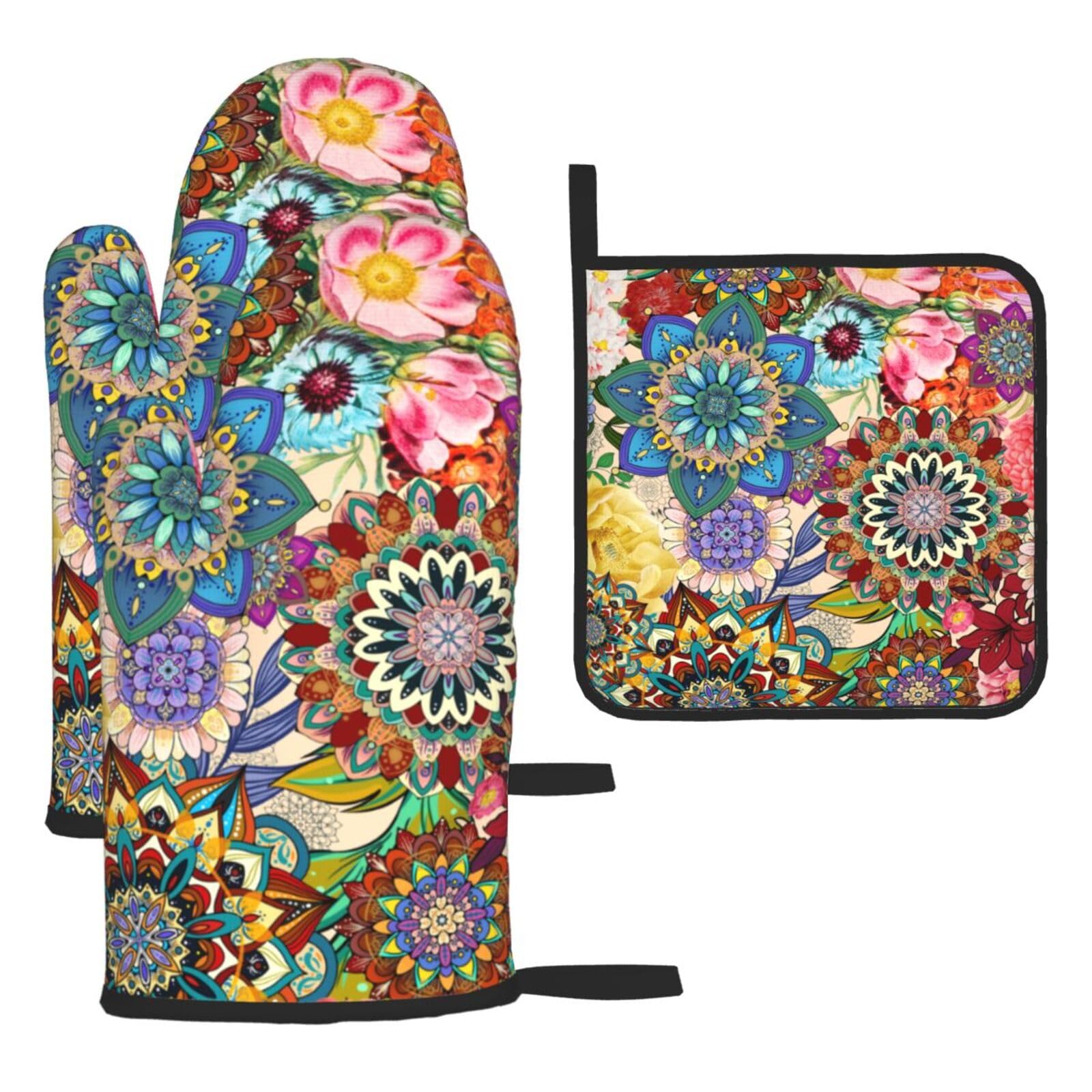 LANAIQO manoplas de horno boho floral para agarre seguro de ollas caliente