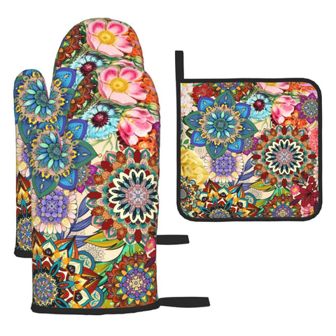 LANAIQO manoplas de horno boho floral para agarre seguro de ollas caliente