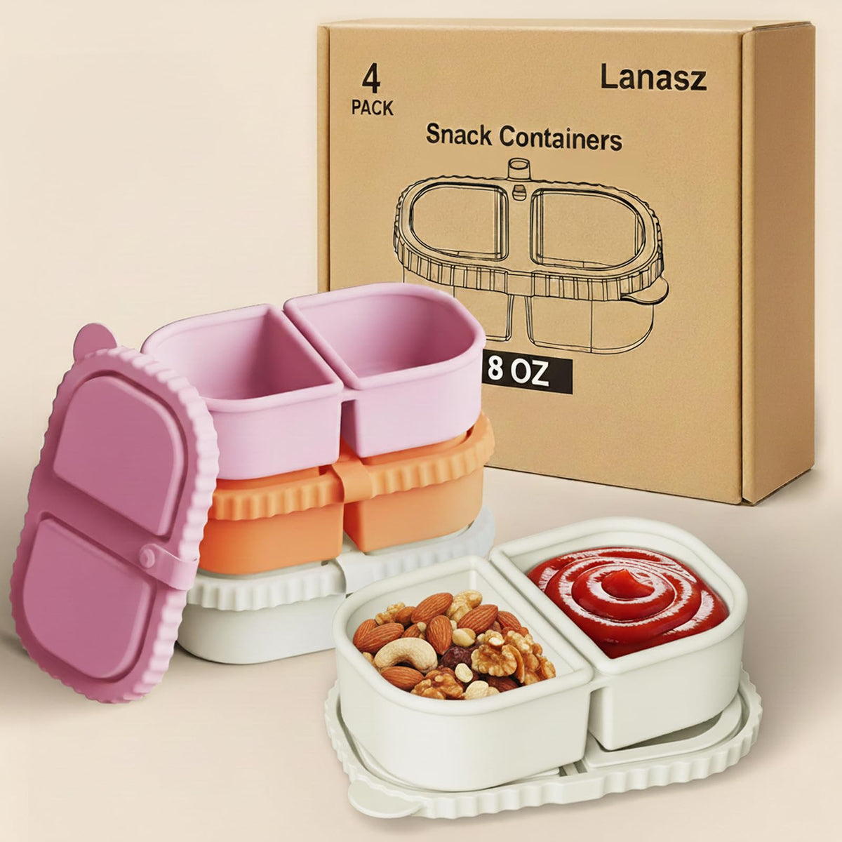 Lanasz contenedor snack silicona doble compartimento con tapa, ideal para dips y snacks.