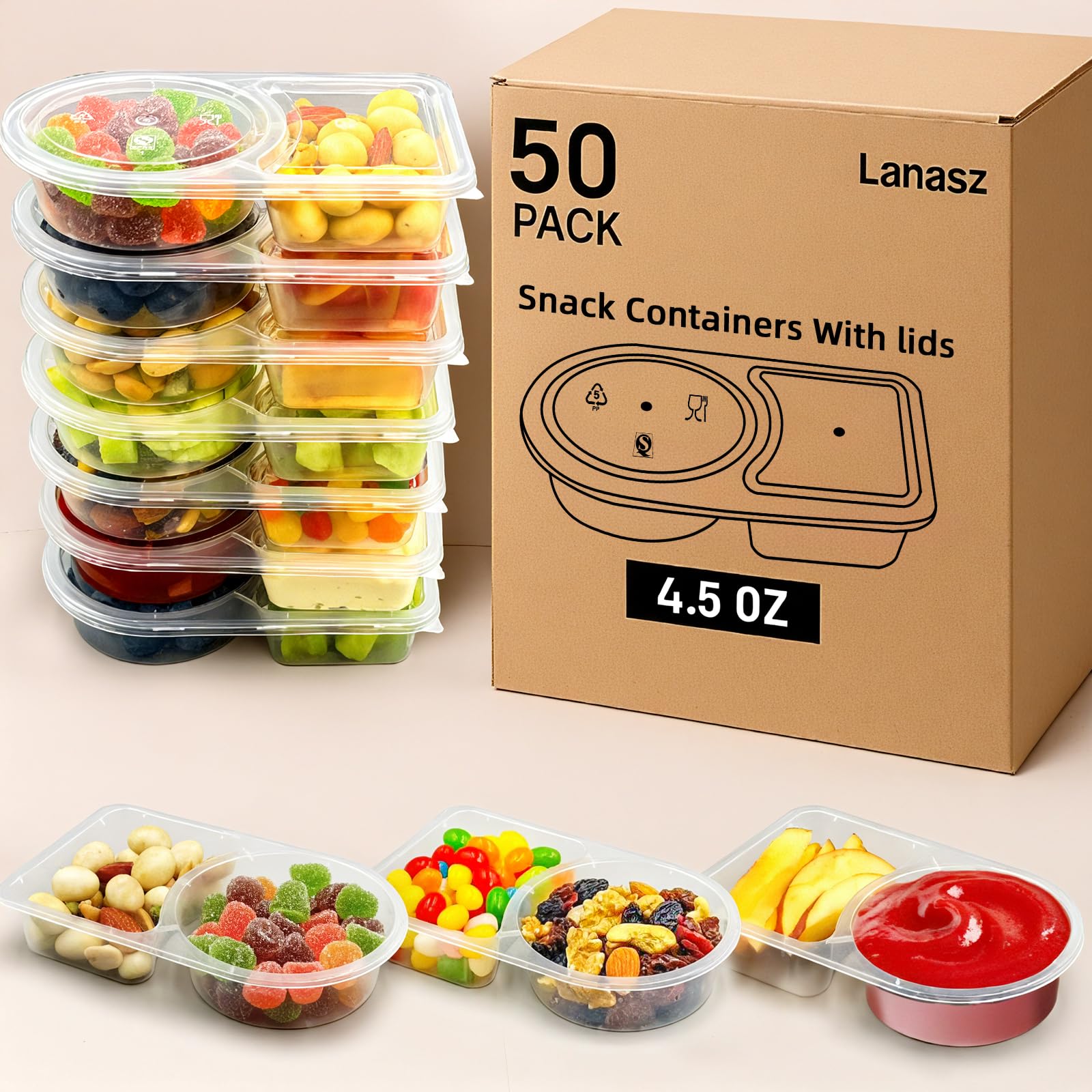 Lanasz contenedores snacks doble compartimento con tapas para separar aperitivos y salsas