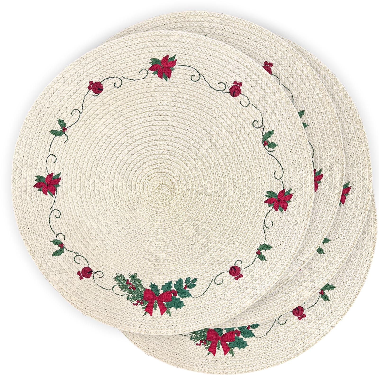 Manteles LANAVINES redondo bordado con flores y ramas verdes para mesa navideña