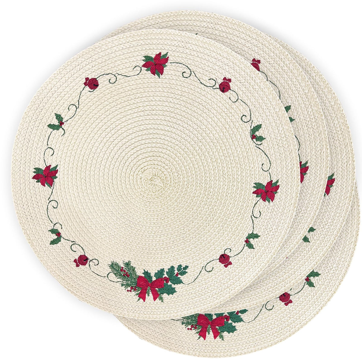 Manteles LANAVINES redondo bordado con flores y ramas verdes para mesa navideña