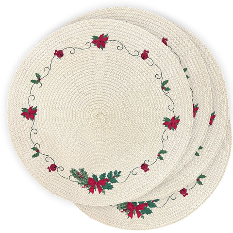 Manteles LANAVINES redondo bordado con flores y ramas verdes para mesa navideña