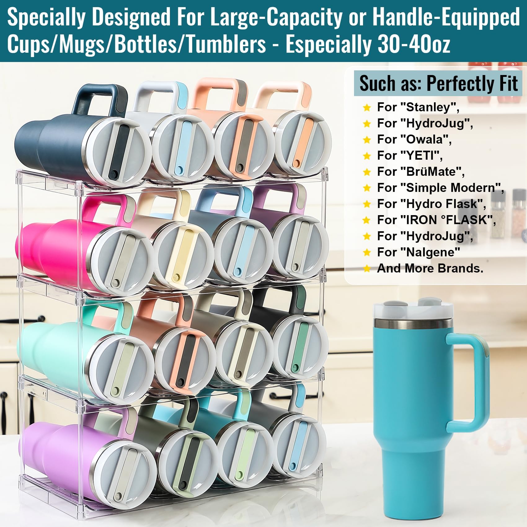  LANDNEOO diseño transparente con cuatro estantes para botellas grandes.