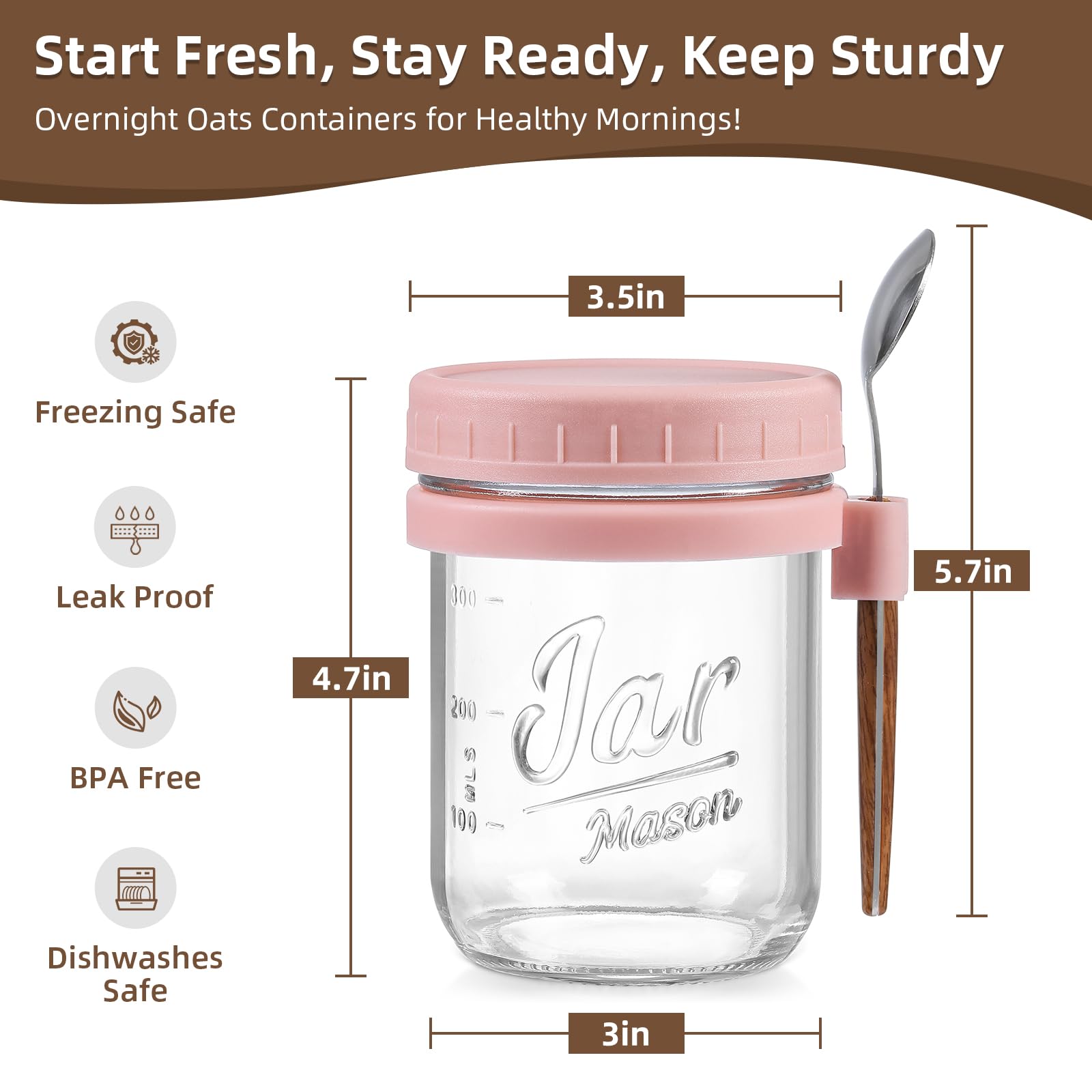 LANDNEOO jarras con cucharas incluida, tapa rosa, ideal para avena nocturna