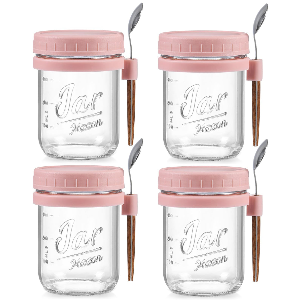 LANDNEOO jarras de vidrio 16 oz con tapas herméticas rosa para desayunos para llevar