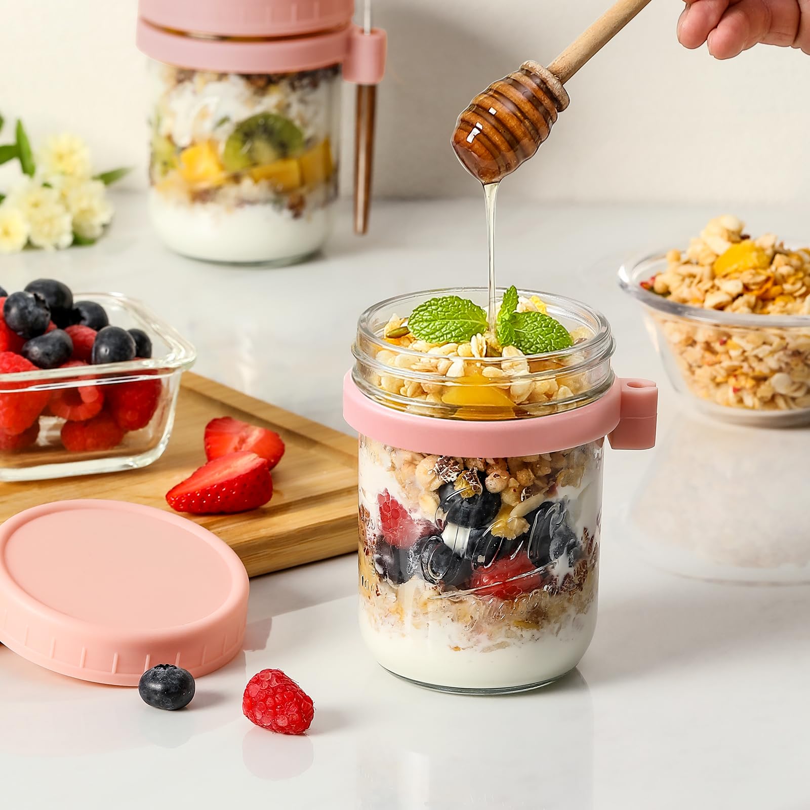 LANDNEOO jarras 16 oz para avena nocturna, yogur y fruta, rosa