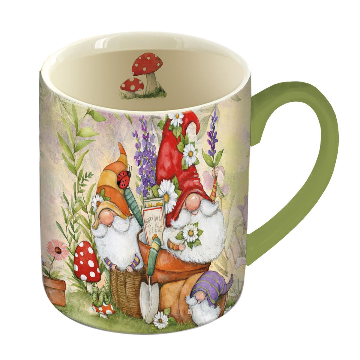 Lang taza cerámica duendes del jardín frontal, ideal para café matutino.