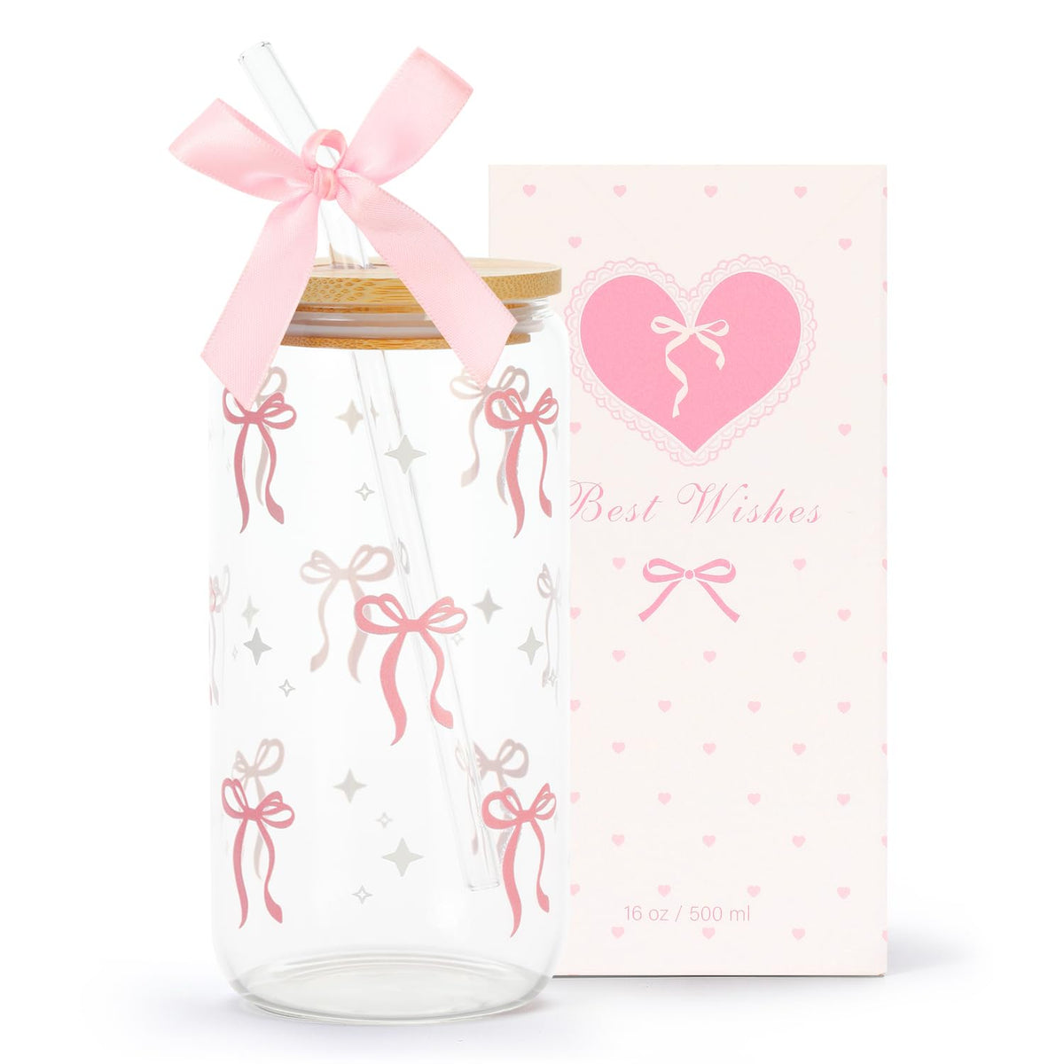 Langasque Coquette: taza de cristal rosada con lazo, ideal para uso diario.