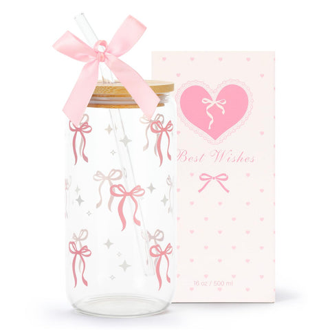 Langasque Coquette: taza de cristal rosada con lazo, ideal para uso diario.
