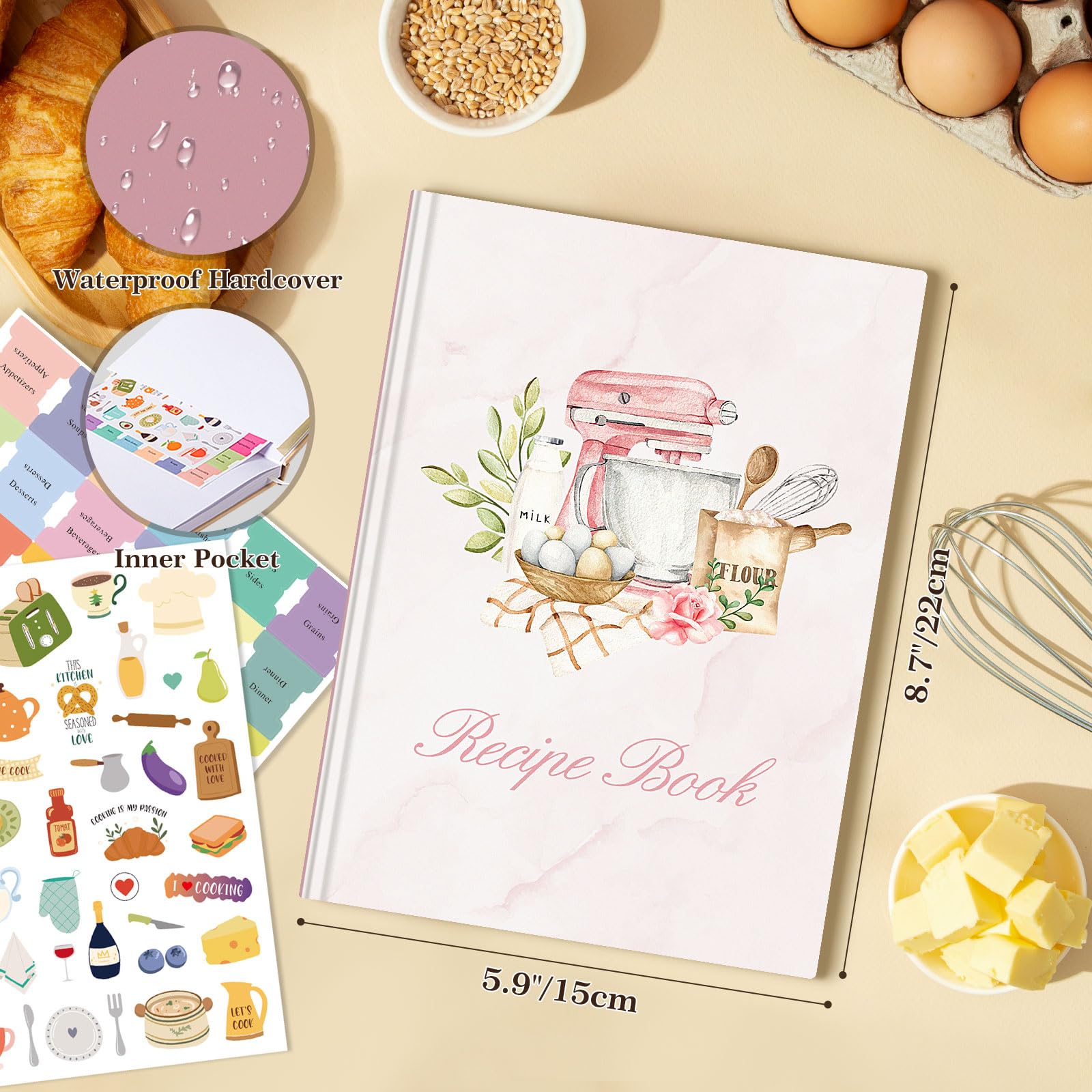 Lanpn libro de recetas rosa, interior con dos páginas por receta para tus notas.