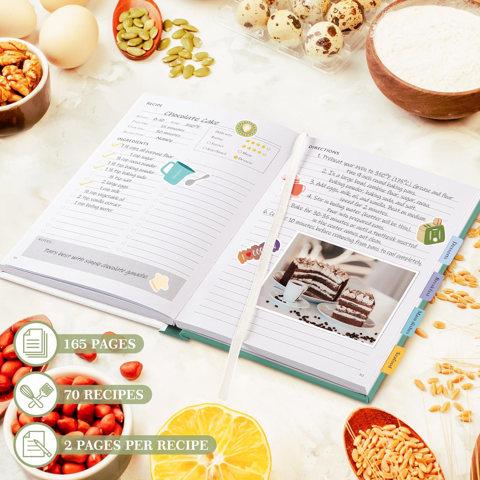 Lanpn libro de recetas con tablas de cocina coloridas para conversiones rápidas.