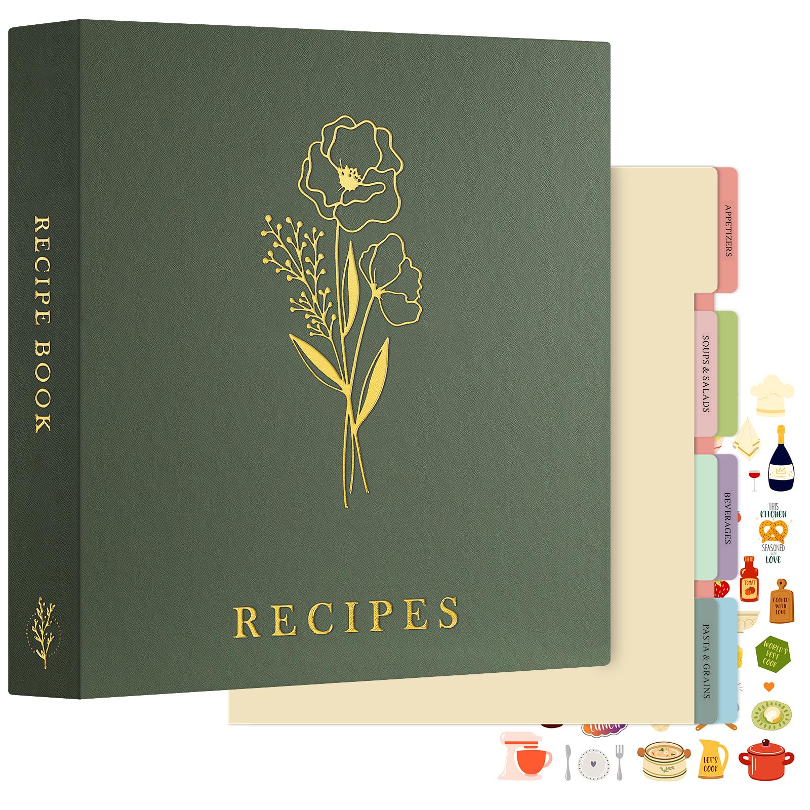 Lanpn Recetario de tres aros con cubierta verde, ideal para organizar 116 recetas.
